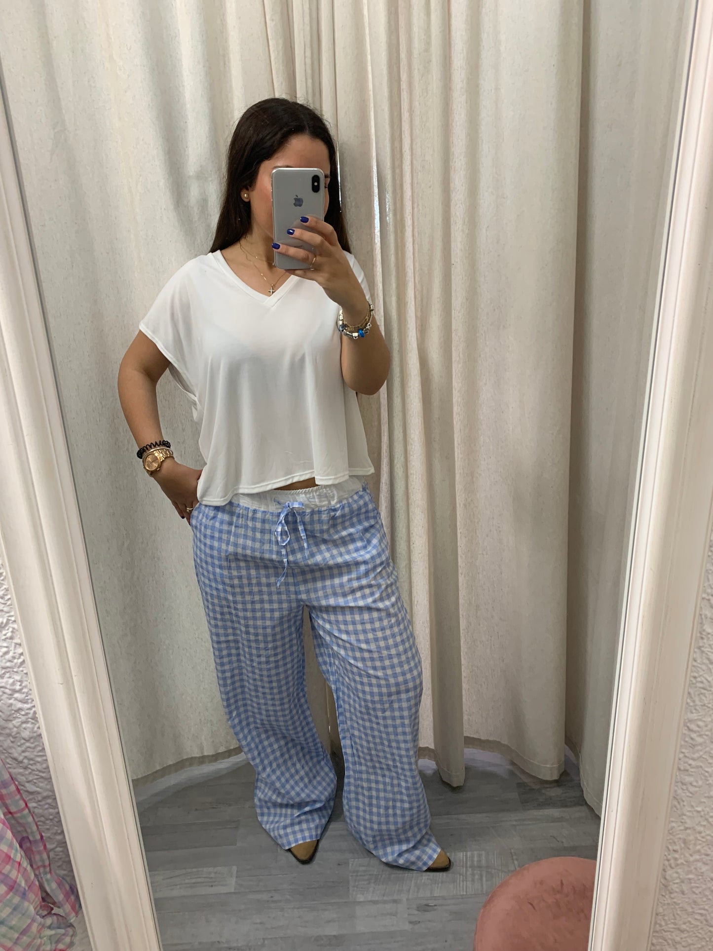PANTALÓN VICHY CELESTE