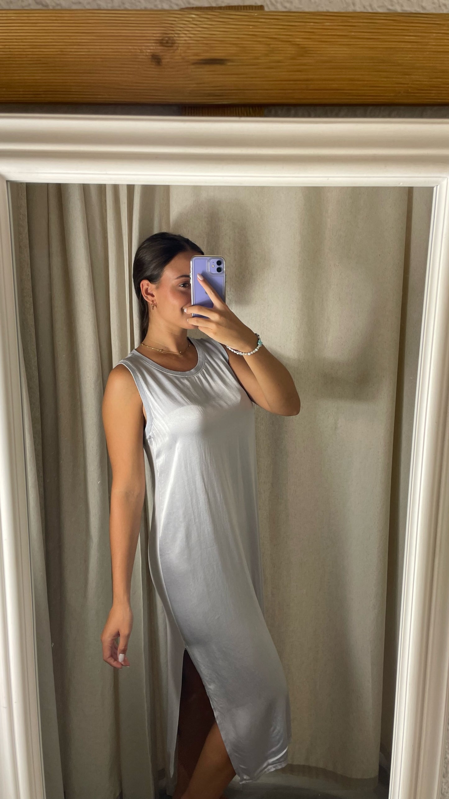 VESTIDO GRIS SATÉN Y PUNTO BASIC