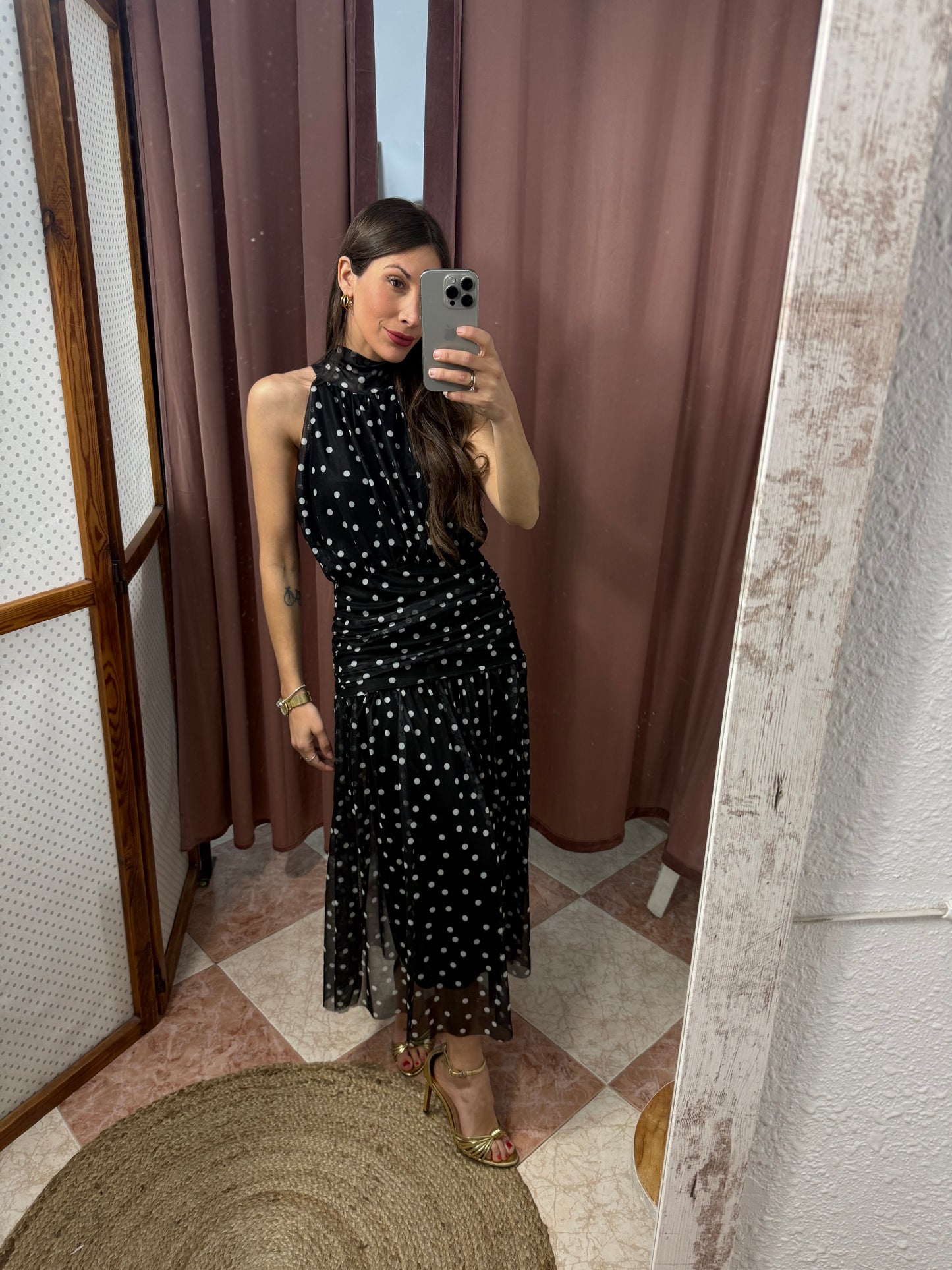 VESTIDO LUNARES FRUNCIDO NEGRO