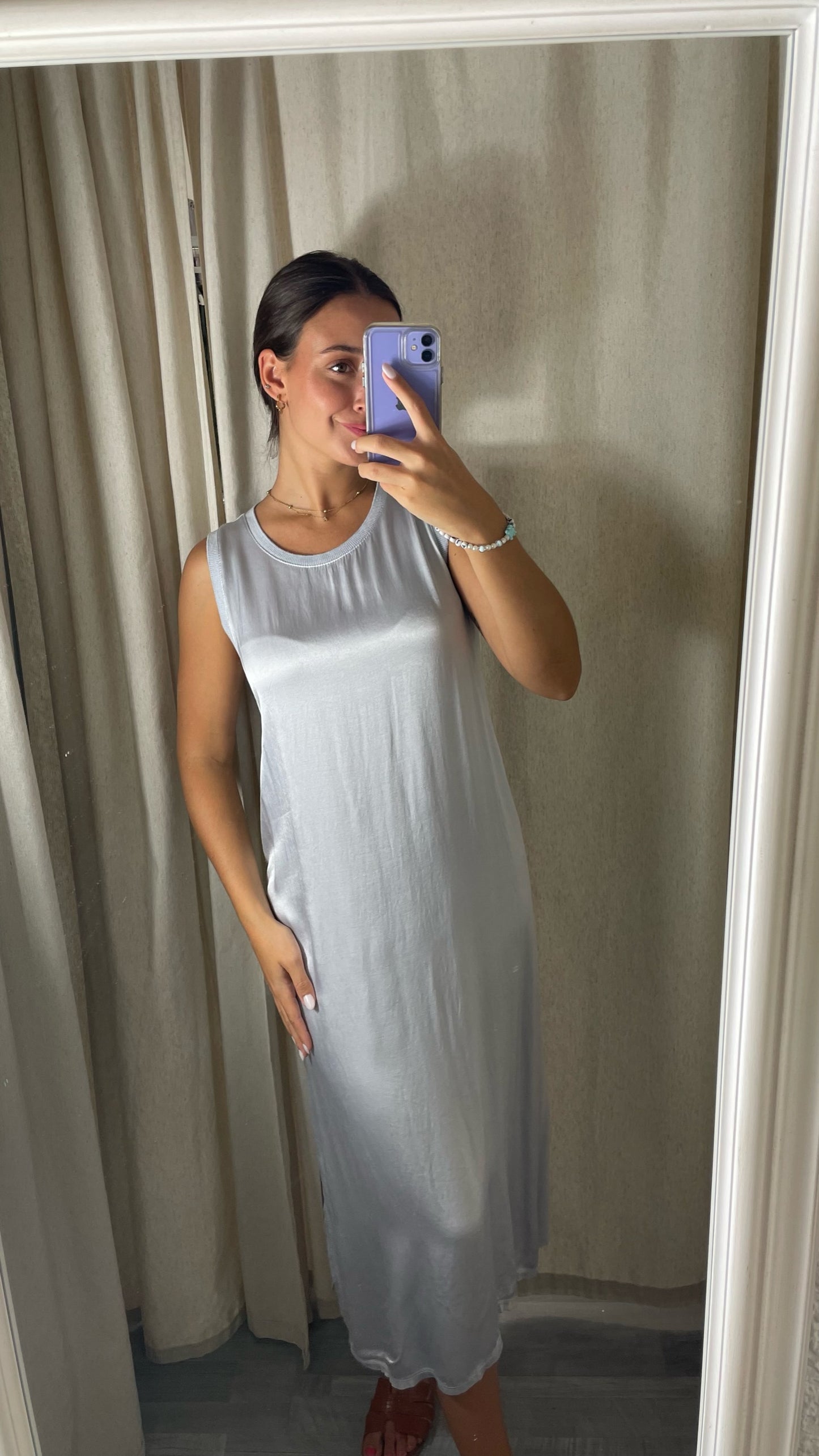 VESTIDO GRIS SATÉN Y PUNTO BASIC